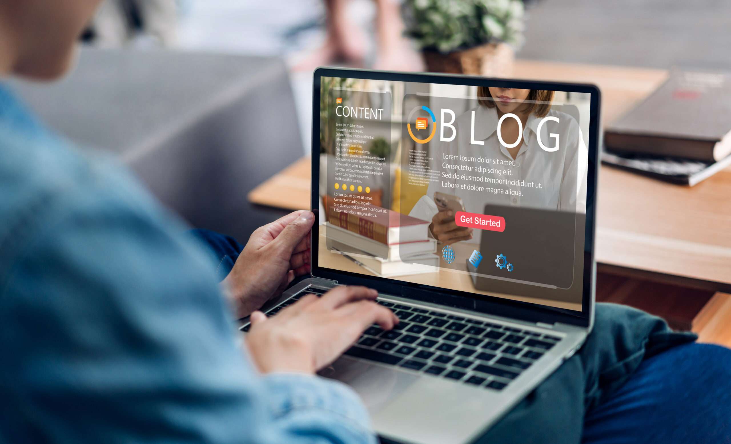 woman ues laptop computer with social media online content, freelance worker, working online, content creator, blogger, technology, website, woman reading blog online on computer at home